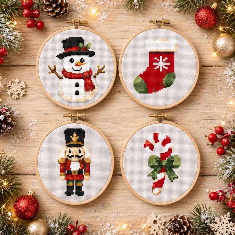 May include: Four circular wooden embroidery hoops containing cross-stitch patterns of a snowman with a red scarf, a red and green Christmas stocking, a nutcracker in a red uniform, and a red and white candy cane with a green bow.