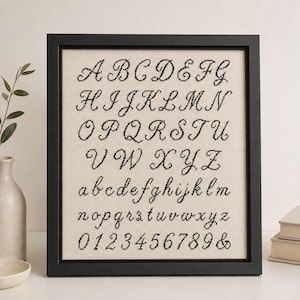 May include: A framed cross-stitch sampler featuring the complete English alphabet in both uppercase and lowercase cursive script, followed by the numbers zero through nine and an ampersand symbol, all stitched in black thread on beige fabric.