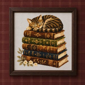 May include: A framed cross-stitch embroidery featuring a brown tabby cat curled up asleep on a stack of five antique-style books. The books are colored in shades of brown, green, and blue with gold-toned floral accents and small white flowers.