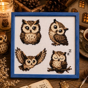 Owl Cross Stitch Pattern PDF | Kawaii Owl Sampler Cottagecore Forest Woodland Bird Dark Academia Embroidery