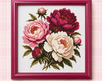 Pfingstrose Blumenstrauß Kreuzstich PDF | Rosa- Burgund- Blumen- Romantik- Gezählte Stickerei Blumengarten-Handarbeit