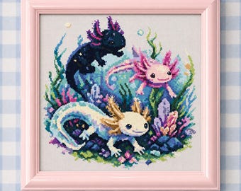 Axolotl Trio Kreuzstich PDF | Kawaii Unterwasser Sea Creature Coral Stickdatei Süßes Tier Aquatische Handarbeiten