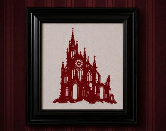 Gothic Cathedral Cross Stitch Pattern PDF | Dark Silhouette Castle Ruins Dark Academia Vampire Halloween Embroidery