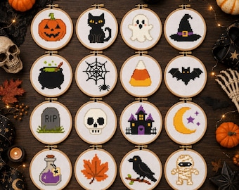 Mini Halloween Cross Stitch PDF | 16 Spooky Cute Designs Mummy Raven Potion Beginner Bundle