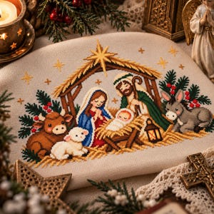 Könnte beinhalten: Ein beigefarbener Stoffbeutel mit einer detaillierten Kreuzstichstickerei einer Krippenszene. Das Motiv zeigt einen Stall mit einem Stern darüber, Maria, Josef, das Jesuskind in einer Krippe, ein braunes Rind, ein weißes Lamm und einen grauen Esel.