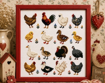 Chicken Cross Stitch Pattern PDF, Hen Rooster Duck Farm Bird Sampler, Farmhouse Kitchen Counted Cross Stitch Chart