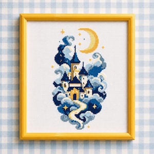 Magic Castle Cross Stitch PDF | Starry Night Wizard Counted Embroidery Fantasy Moon Clouds Fairytale Celestial Nursery Chart