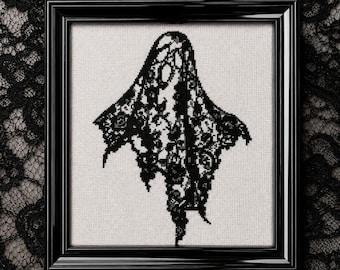 Gothic Ghost Cross Stitch PDF | Lace Floral Spooky Black Rose Witchy Dark Academia Counted Embroidery Halloween Needlework