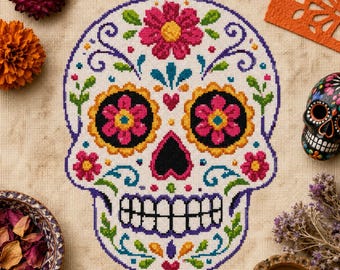 Ricamo a punto croce con teschio di zucchero PDF / Dia De Los Muertos Giorno dei Morti Ricamo Floreale Colorato Decorazione da Parete