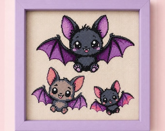 Niedliche Fledermausfamilie – Kreuzstich-PDF | Kawaii Halloween-Stickvorlage: Gruselig-süße Babyfledermäuse