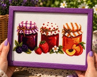 Marmeladengläser Kreuzstich PDF | Erdbeer Pfirsich Beere Obst Konserven Cottagecore Küche Handarbeiten Bauernhaus Dekor gezählt