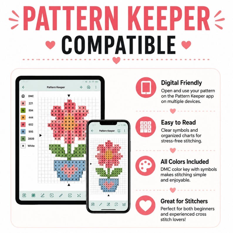 May include: A tablet and smartphone displaying a cross-stitch pattern of a flower in a pot within the Pattern Keeper app. The graphic includes the text Pattern Keeper Compatible and lists features like Digital Friendly, Easy to Read, All Colors Included, and Great for Stitchers with corresponding icons.