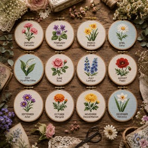 Conjunto de 12 piezas de punto de cruz con flores del mes de nacimiento / Paquete de patrones florales botánicos / Bordado vintage para decoración del hogar