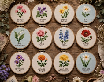 Birth Month Flower Cross Stitch Set of 12 | Botanical Floral Pattern Bundle | Vintage Garden Embroidery Home Decor