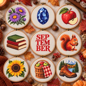September Birthday Cross Stitch Pattern PDF, Birth Month Sampler with Aster Birth Flower, Sapphire Birthstone and Cozy Autumn Motifs
