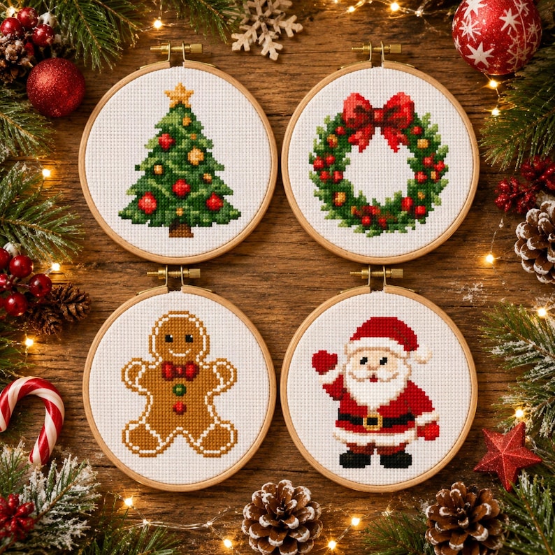 May include: Four circular wooden embroidery hoops containing cross-stitch patterns of a Christmas tree, a festive wreath, a gingerbread person, and Santa Claus. Each design is centered on white fabric, showcasing holiday-themed imagery.