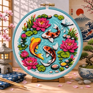 May include: A circular embroidery hoop containing a cross-stitch pattern of three koi fish swimming in blue water among pink lotus flowers, green lily pads, and a dragonfly. The hoop is mounted on a small wooden stand, displaying a detailed design.