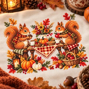 Ekorre Korsstygnsmönster, Höstpicknick i skogen, Höstskördepumpa Ekollon Thanksgiving Cottagecore-prov