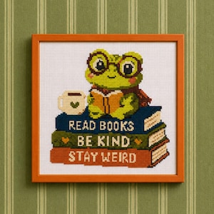 Può includere: Un ricamo a punto croce incorniciato raffigurante una rana verde con occhiali tondi e un mantello rosso, intenta a leggere un libro aperto. La rana è seduta su una pila di tre libri con le scritte READ BOOKS, BE KIND e STAY WEIRD, e una tazza.