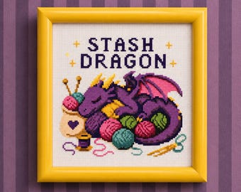Stash Dragon Kreuzstichmuster PDF | Lustiges Häkelgarn Häkeln Crafter Drache Kawaii Humor Stitcher Geschenk Stickerei