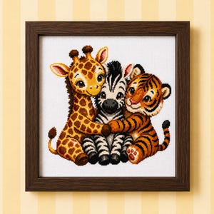 Könnte beinhalten: Ein gerahmtes Kreuzstich-Stickbild mit einer Giraffe, einem Zebra und einem Tigerbaby, die eng beieinander sitzen. Die Giraffe ist gelb mit braunen Flecken, das Zebra hat schwarze und weiße Streifen und der Tiger ist orange mit schwarzen Streifen.