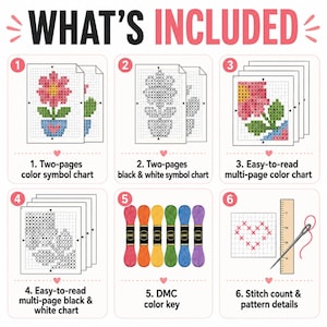 May include: A cross-stitch pattern kit infographic titled WHAT'S INCLUDED featuring six numbered sections: color symbol charts, black and white symbol charts, multi-page color and black and white charts, six DMC embroidery floss skeins, and a needle.