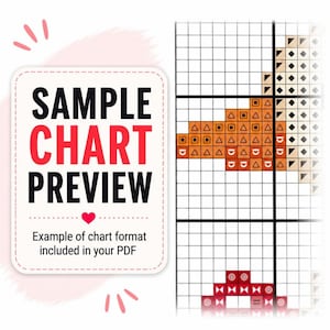 May include: A cross stitch pattern chart preview featuring a grid with black lines and various colored symbols including orange triangles and red circles. The text reads SAMPLE CHART PREVIEW and Example of chart format included in your PDF.