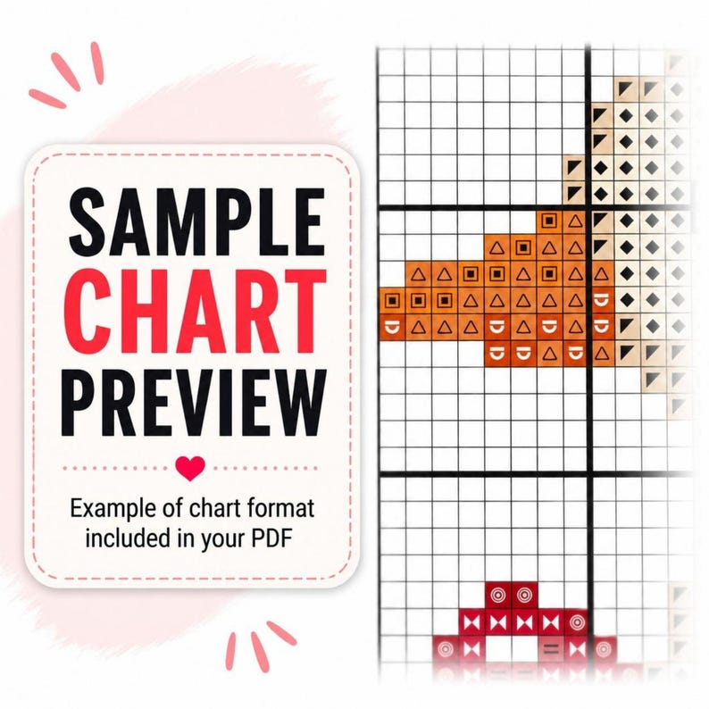 May include: A cross stitch pattern chart preview featuring a grid with black lines and various colored symbols including orange triangles and red circles. The text reads SAMPLE CHART PREVIEW and Example of chart format included in your PDF.