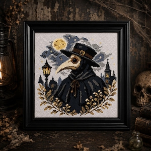 Plague Doctor Cross Stitch Pattern PDF | Gothic Dark Academia Medieval Moon Steampunk Halloween Witchy Victorian Embroidery Download