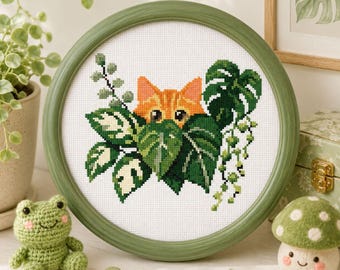 Ingwer Katze Monstera Kreuzstich Muster | Kawaii Tropische Blätter Stickdatei (PDF Download)