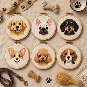 Pode incluir: Seis bastidores de bordado circulares de madeira com retratos em ponto cruz de diferentes raças de cães, incluindo um golden retriever, bulldog francês, dachshund, corgi, poodle e beagle, dispostos em duas filas sobre tecido neutro.