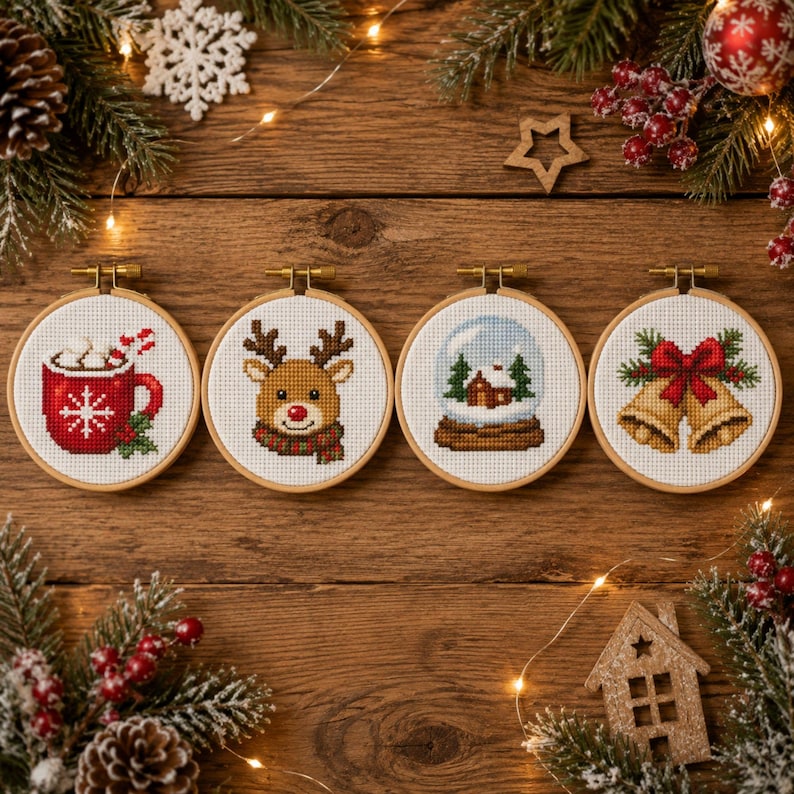 May include: Four circular embroidery hoops featuring cross-stitch designs: a red mug with a snowflake, a reindeer with a scarf, a snow globe with a cabin, and two gold bells with a red bow. Each hoop is displayed on a rustic wooden surface.
