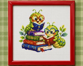 Bookworm Caterpillar Cross Stitch PDF | Cute Reading Bug Glasses Book Lover Counted Embroidery Funny Library Needlework