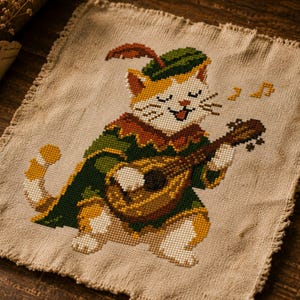 May include: A cross-stitch embroidery on light brown fabric featuring an orange and white cat wearing a green hat with a feather and a green tunic. The cat is playing a brown lute, with two small yellow musical notes floating to the right.