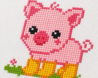 Schwein kleines Kreuzstich Muster PDF | Niedliches Kawaii Rosa Schweinchen auf dem Bauernhof Cottagecore Mini Schweinchen Stickerei