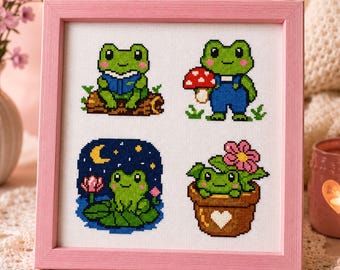 Frosch Sampler Kreuzstich Muster PDF | Süße Kawaii Frosch Pilz Mond Blume Goblincore Stickerei