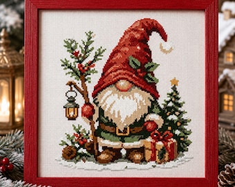 Christmas Gnome Cross Stitch PDF | Scandinavian Tomte Lantern Holiday Counted Embroidery Festive Winter Beginner Xmas Nordic Decor