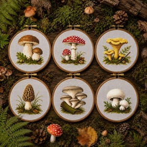 Mushroom Cross Stitch Pattern Set of 6 | Woodland Fungi Botanical Bundle | Forest Nature Hoop Art Cottagecore