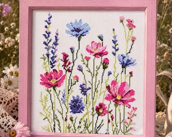 Rosa Wildblumen Kreuzstich PDF | Schmuckkörbchen Lavendel Kornblume Wiese Floral Stickerei Cottagecore Natur Handarbeiten