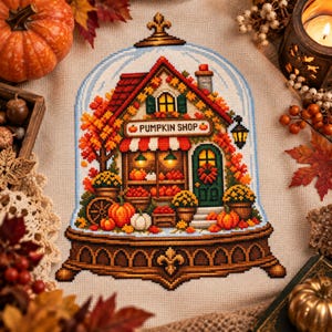 Peut inclure: Une broderie au point de croix sur tissu beige représentant une boutique de citrouilles sous une cloche en verre. La boutique a un toit rouge, une porte verte et une enseigne PUMPKIN SHOP. Le décor inclut des feuilles d'automne et des citrouilles.