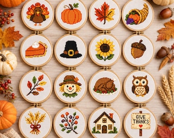 Mini Thanksgiving Cross Stitch PDF | 16 Fall Autumn Designs Turkey Pumpkin Give Thanks Bundle