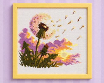 Dandelion Cross Stitch PDF | Blowing Seeds Sunset Wind Botanical Counted Embroidery Wildflower Nature Cottagecore Needlework