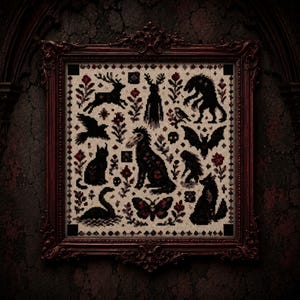 May include: A framed cross-stitch sampler on beige fabric featuring black and dark red silhouettes of a deer, a wolf, a bat, a swan, a cat, a moth, and various floral motifs arranged in a grid pattern within an ornate dark red wooden frame.