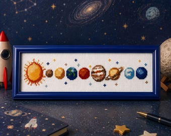 Sonnensystem Kreuzstich PDF | Planeten Sonne Saturn Weltraum Astronomie Gezählte Stickerei Kinder Kinderzimmer Wissenschaft Handarbeiten