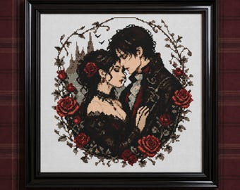 Vampire Couple Cross Stitch PDF | Gothic Rose Wreath Castle Dark Romance Counted Embroidery Romantasy Witchy Needlework