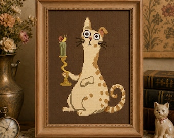 Creepy Cute Cat Cross Stitch PDF | Folk Art Candle Whimsical Quirky Counted Embroidery Weird Vintage Witchy Needlework