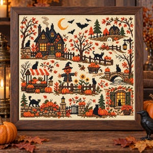 May include: A framed cross-stitch embroidery featuring a detailed autumn Halloween scene with a dark house, a scarecrow, pumpkins, black cats, bats, a crescent moon, and trees in a wooden frame. The design includes a stone wall, a bridge, and glowing windows.