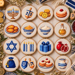 May include: A collection of sixteen circular wooden embroidery hoops featuring cross-stitch designs of Hanukkah symbols including a menorah, dreidels, gold coins, jelly donuts, latkes, bowls of food, oil, a Star of David, candles, a gift, and a pomegranate.