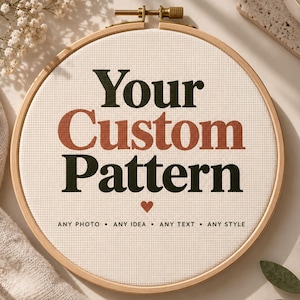 May include: A circular wooden embroidery hoop containing white Aida fabric with the dark green and terracotta text "Your Custom Pattern" and a small heart. Below the text, it reads "ANY PHOTO • ANY IDEA • ANY TEXT • ANY STYLE".