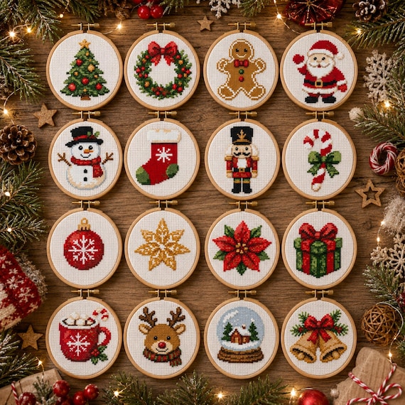 Mini Christmas Ornament Cross Stitch PDF | Set of 16 Holiday Designs Nutcracker Snow Globe Reindeer